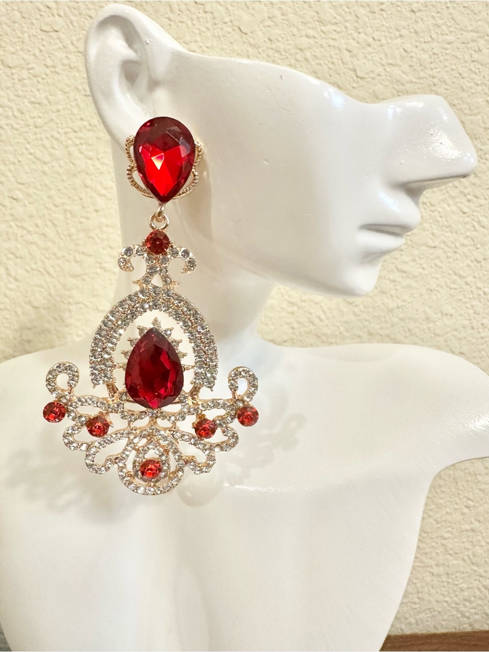 Elegant Red Crystal Teardrop Statement Earrings